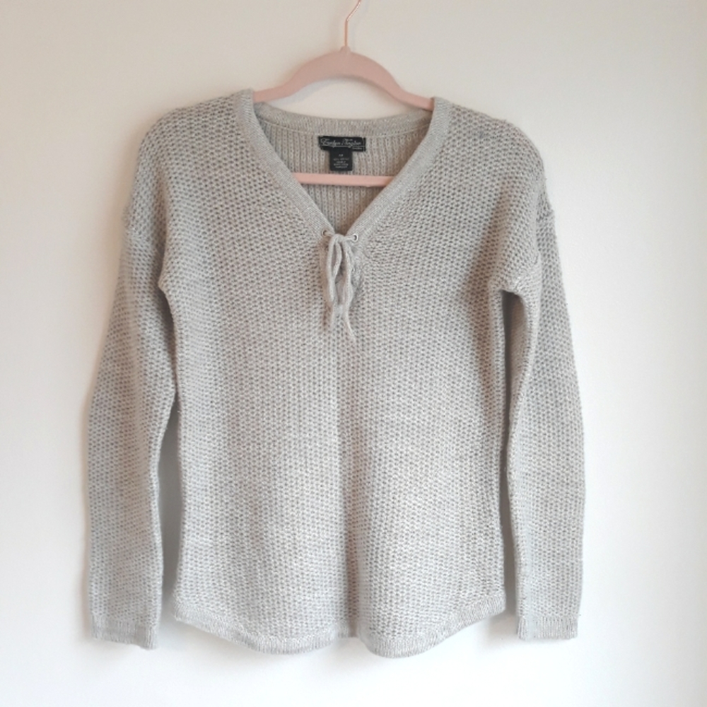 Evelyn Taylor light gray waffle knit lace up tie v neck soft cozy winter sweater